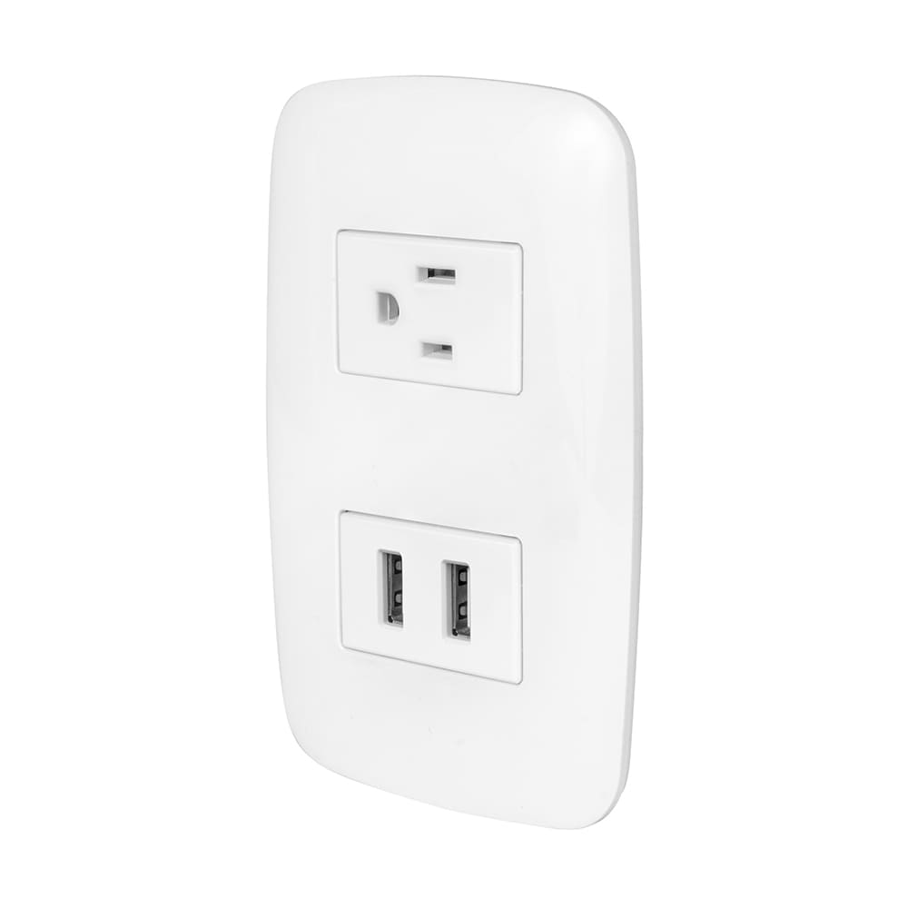 IUSA - Placa armada con tomacorrientes y puerto USB 120 V~ - 250 V~, 15 A (tomacorrientes), 2.1 A (USB), Curve, blanco, IUSA