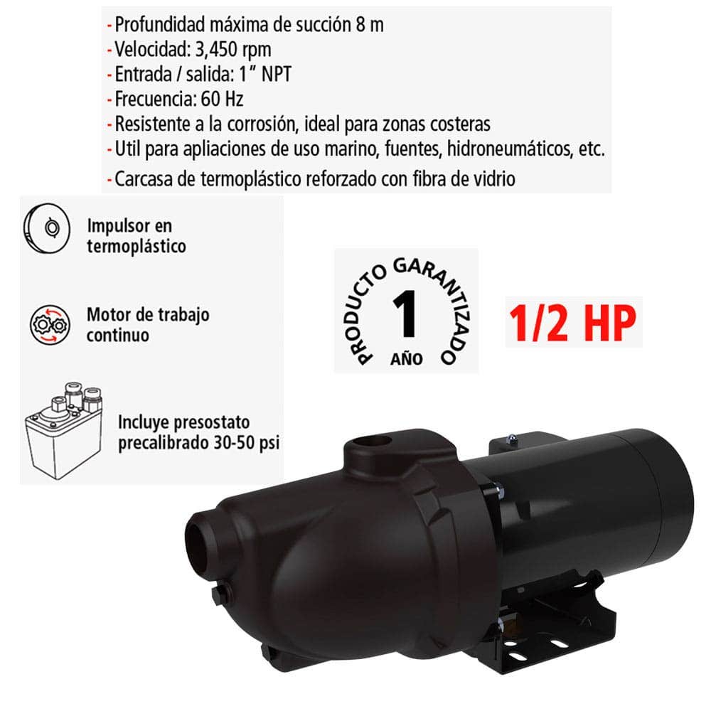 IUSA - Bomba hidráulica iusa 1/2 hp, tipo jet, termoplástica