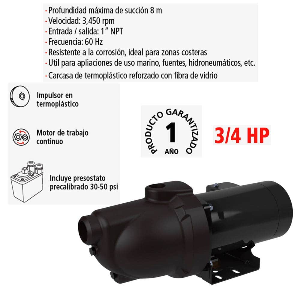 IUSA - Bomba jet termoplástica 1/2 hp pentair