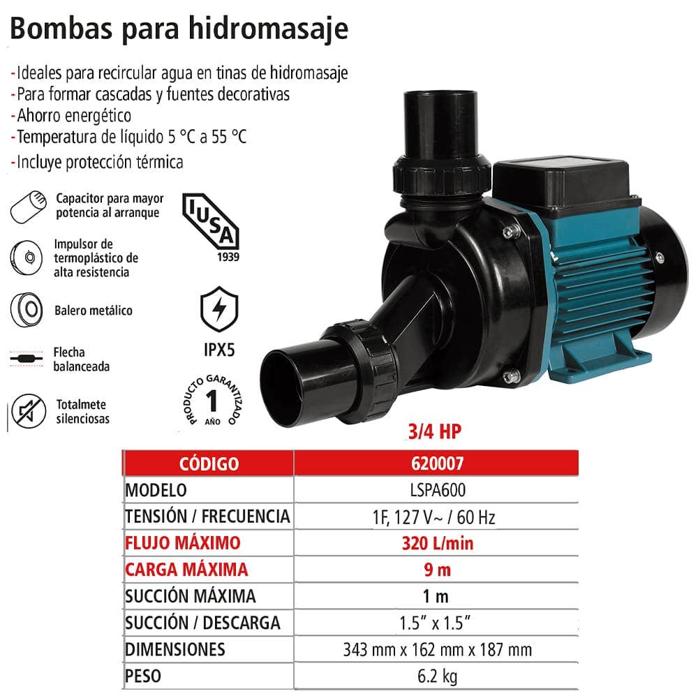 IUSA - Bomba para hidromasaje 3/4 hp 320 l/min IUSA