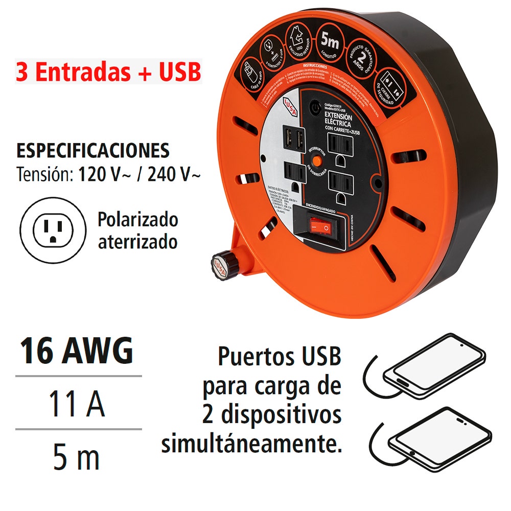 IUSA - Extensión Eléctrica de Carrete IUSA, 5 metros, Cal.16, 3 Entradas + 2 USB