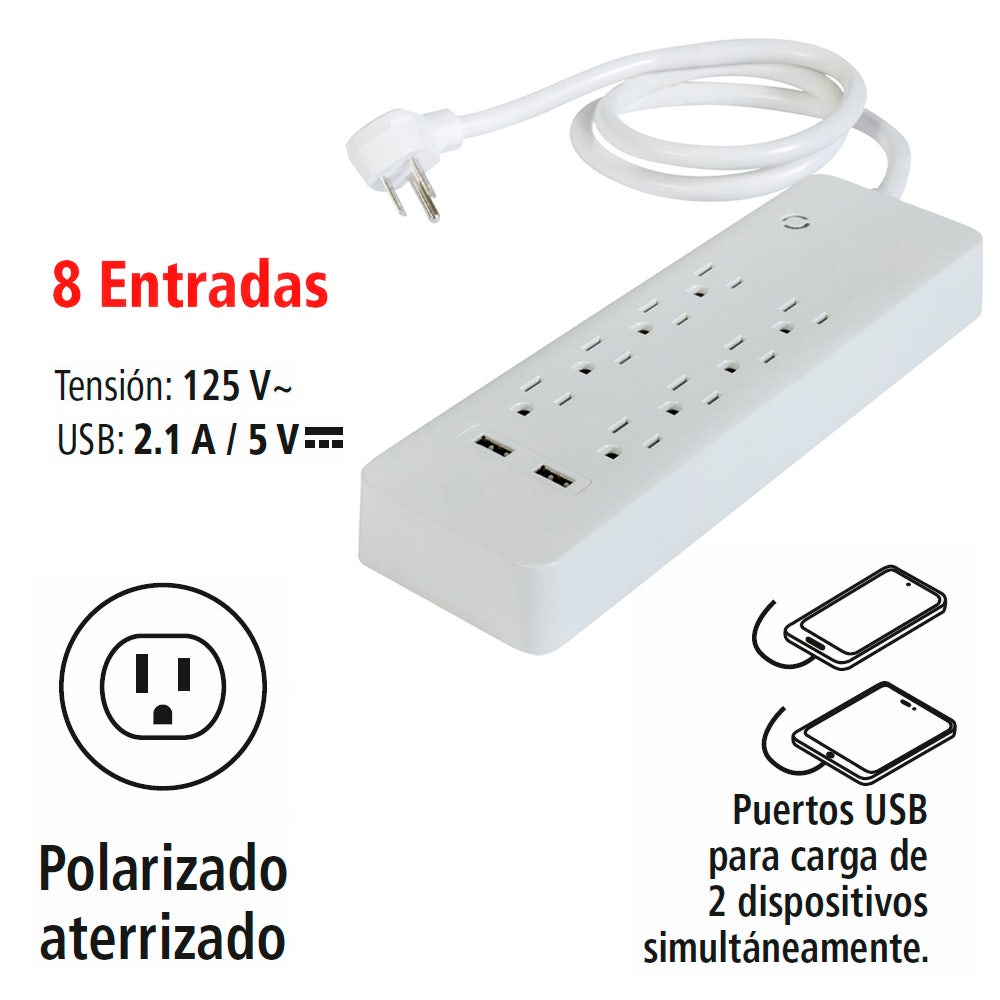IUSA - Multicontacto iusa, 8 entradas con supresor de picos y 2 usb