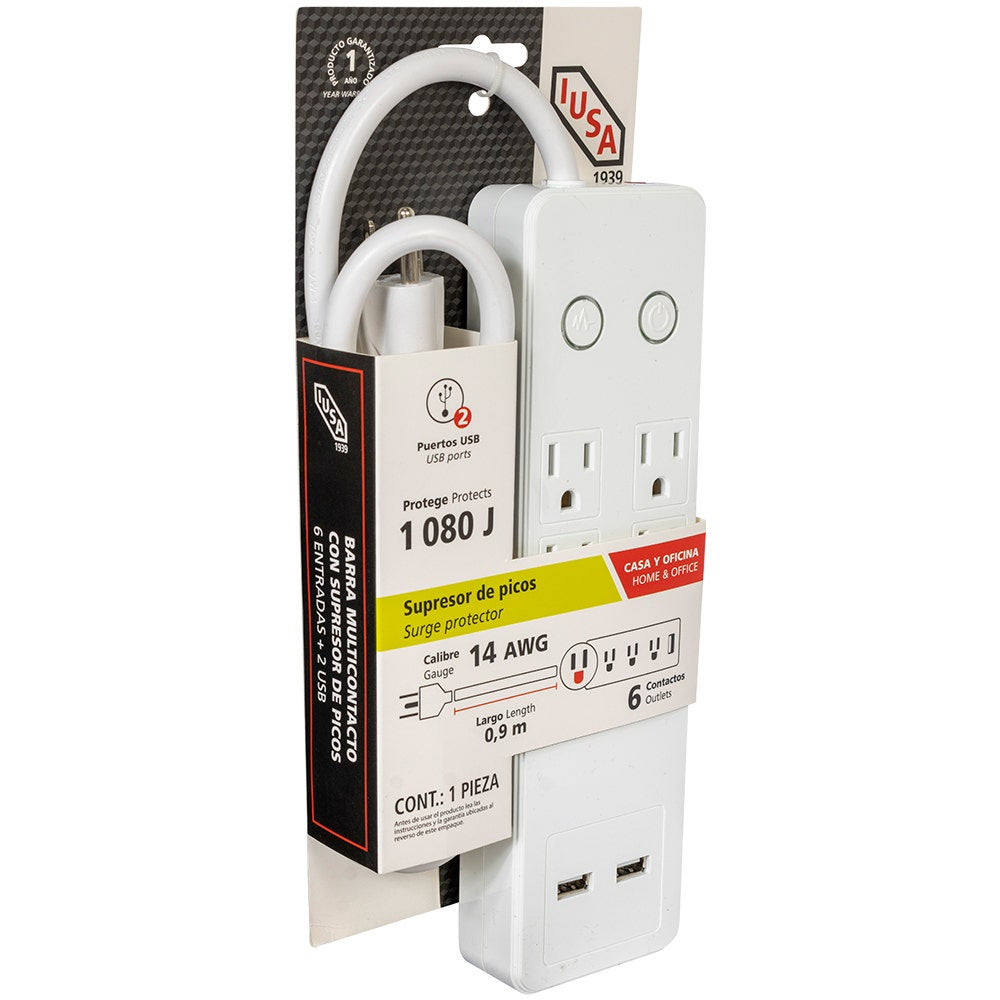 IUSA - Multicontacto IUSA de 6 entradas con supresor de picos y 2 usb