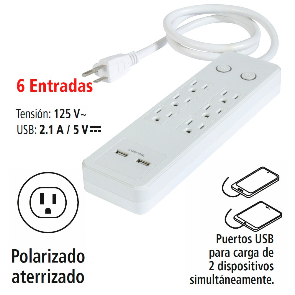 IUSA - Multicontacto IUSA de 6 entradas con supresor de picos y 2 usb