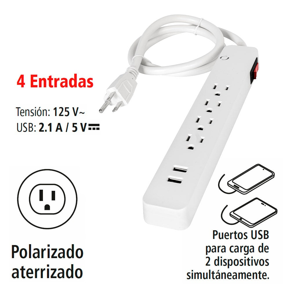 IUSA - Multicontacto iusa, 4 entradas con supresor de picos y 2 usb