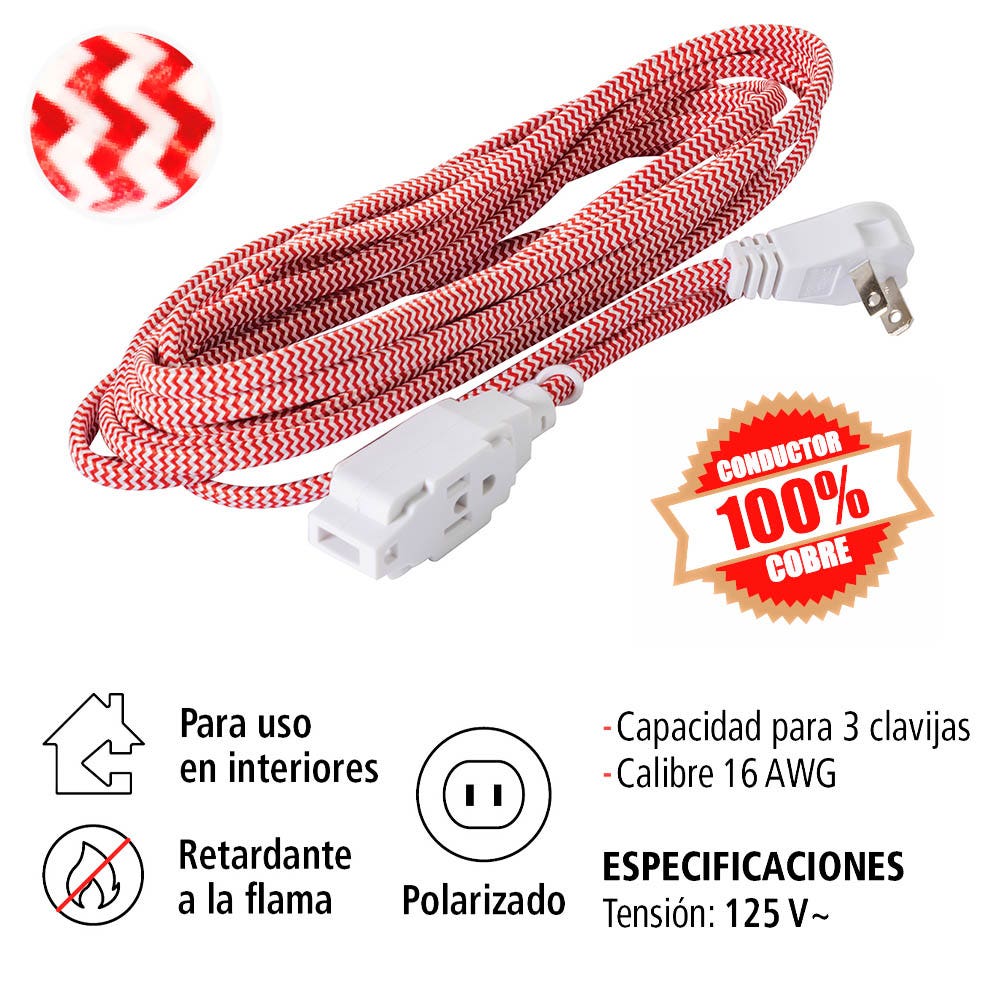 IUSA - Extensión Eléctrica Trenzada IUSA, Color Rojo con Blanco, 16 AWG, 5 m