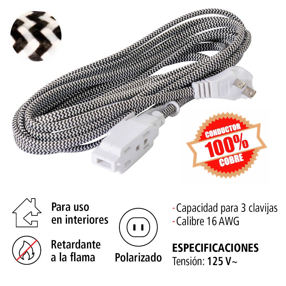 IUSA - Extensión Eléctrica Trenzada IUSA, Color Negro con Blanco, 16 AWG, 2 m