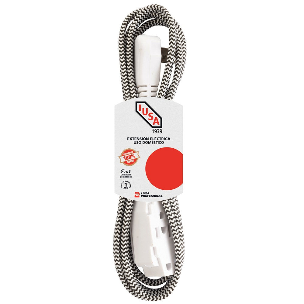 IUSA - Extensión Eléctrica Trenzada IUSA, Color Negro con Blanco, 16 AWG, 5 m