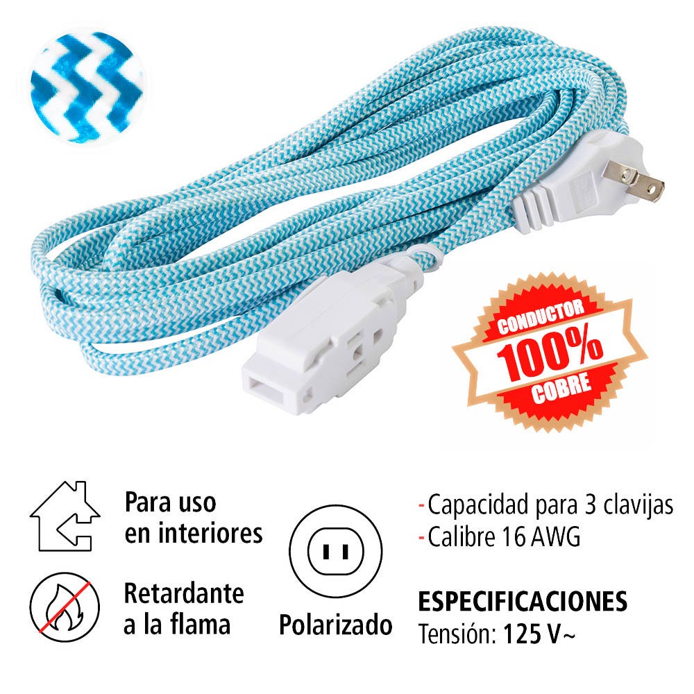 IUSA - Extensión Eléctrica Trenzada IUSA, Color Azul con Blanco, 16 AWG, 5 m