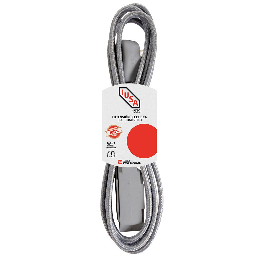 IUSA - Extensión Eléctrica Trenzada IUSA, Color Gris, 16 AWG, 2 m