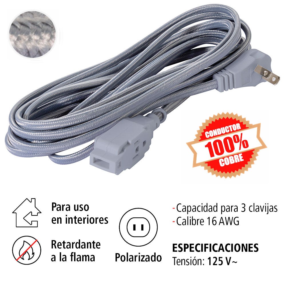 IUSA - Extensión Eléctrica Trenzada IUSA, Color Gris, 16 AWG, 2 m
