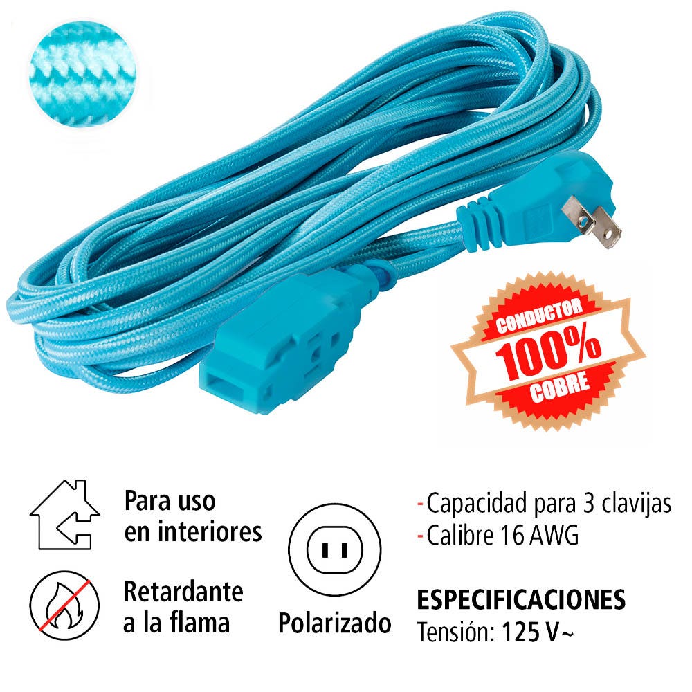 IUSA - Extensión Eléctrica Trenzada IUSA, Color Azul Turquesa, 16 AWG, 2 m