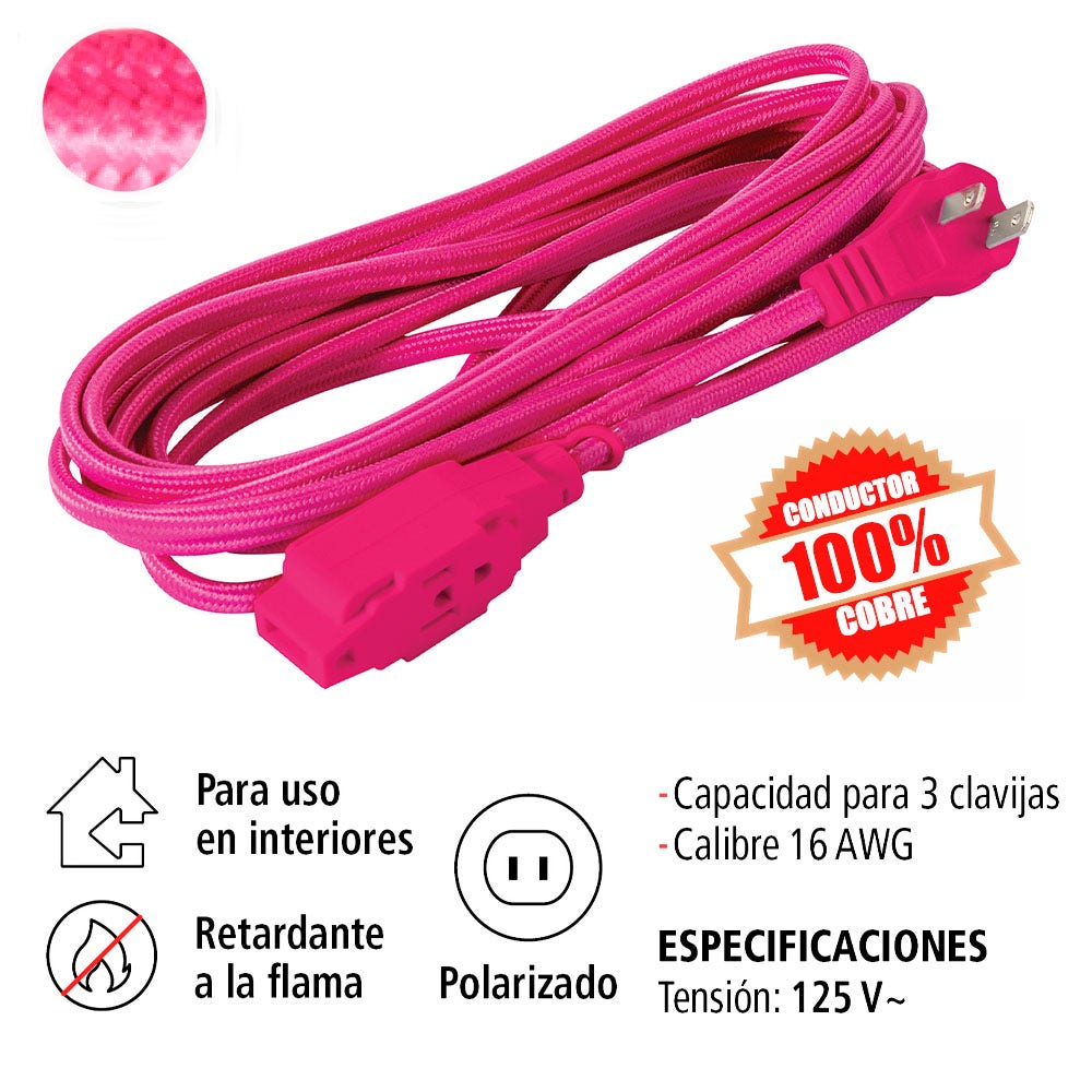 IUSA - Extensión Eléctrica Trenzada IUSA, Color Rosa, 16 AWG, 2 m