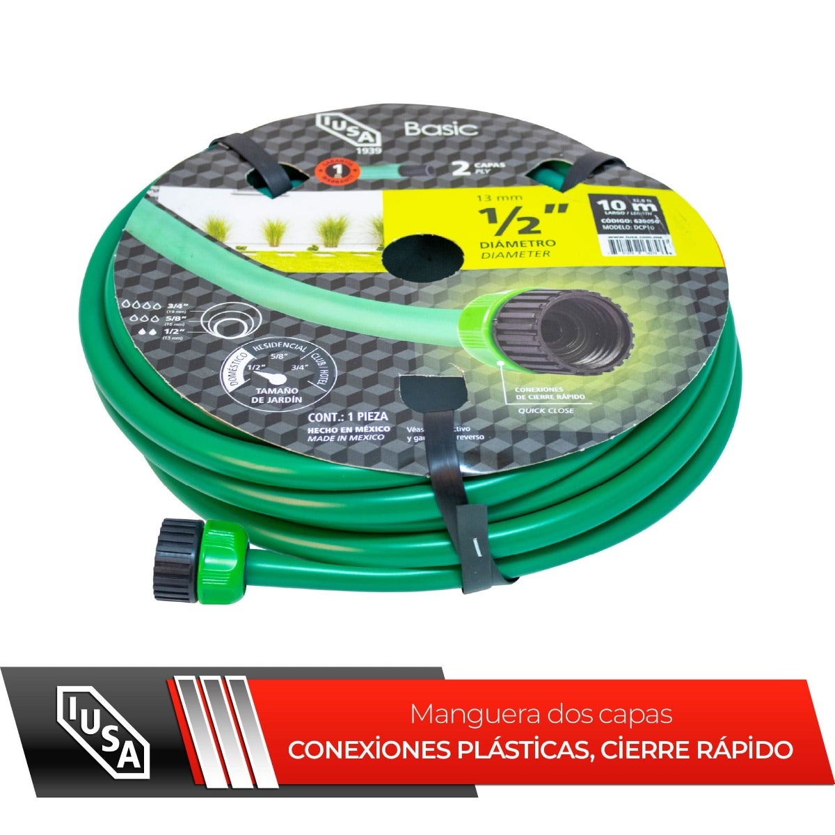 IUSA - Manguera IUSA 10 m, Basic, Bicapa con Conexiones Plásticas de Cierre rápido