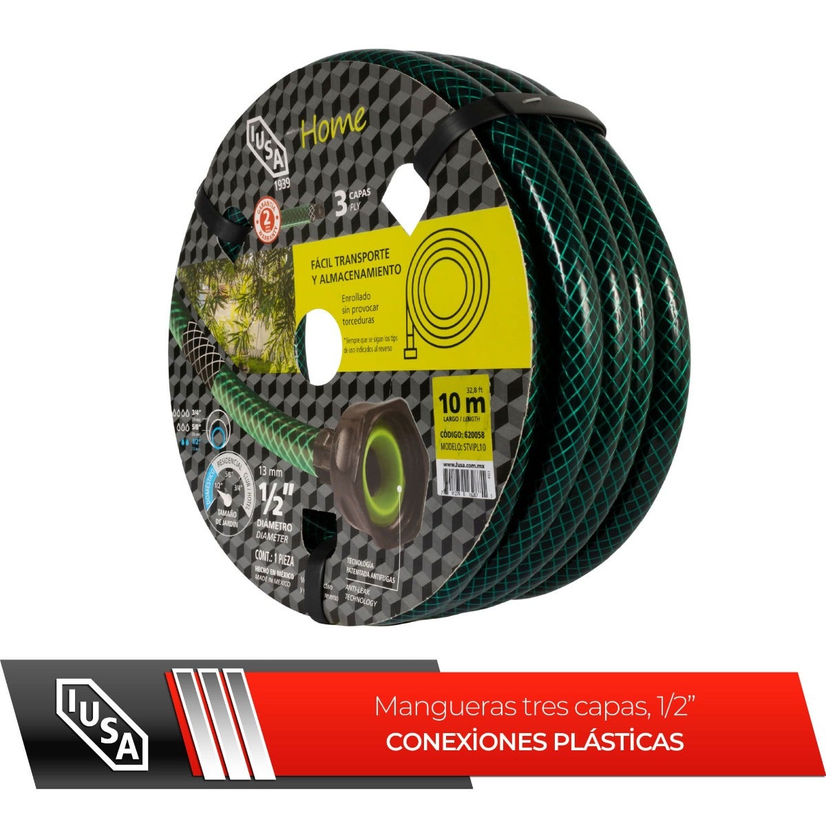 IUSA - Manguera 10 m IUSA, Home, Tricapa 1/2" con Conexiones Plásticas Planas