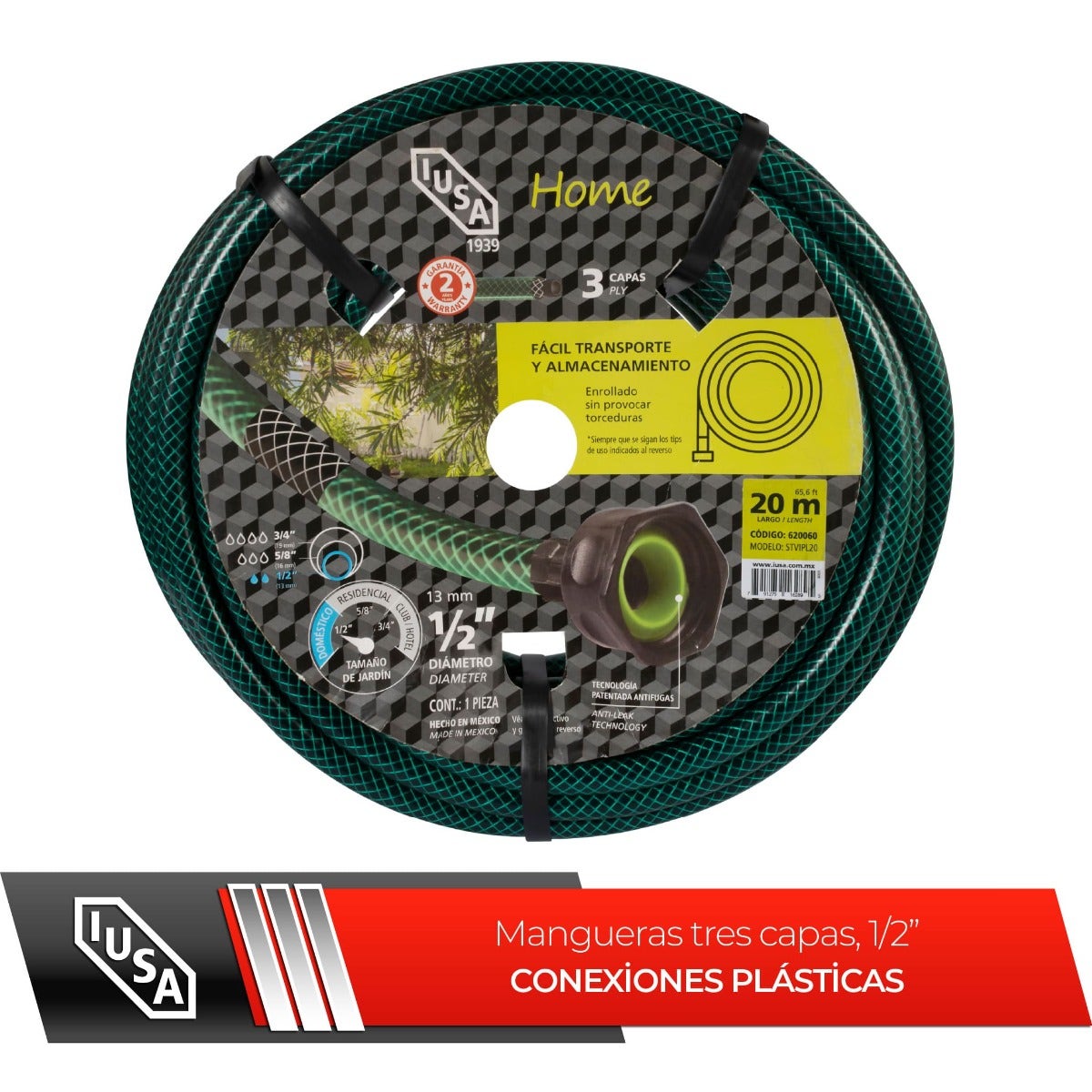 IUSA - Manguera 20 m IUSA, Home, Tricapa 1/2" con Conexiones Plásticas Planas