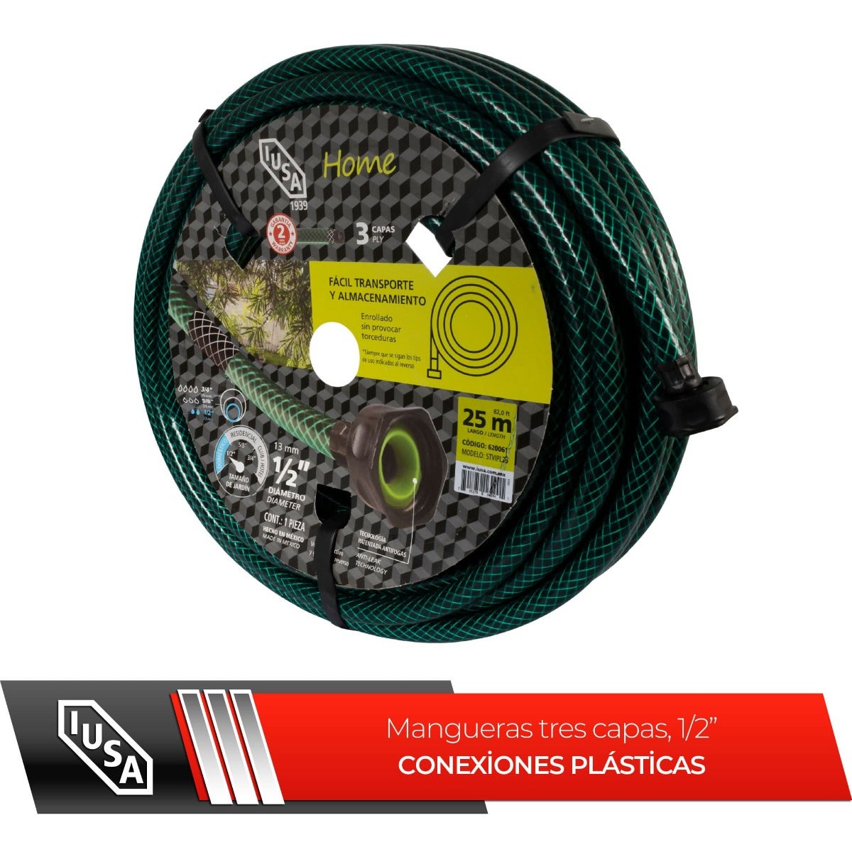 IUSA - Manguera 25 m IUSA, Home, Tricapa 1/2" con Conexiones Plásticas Planas