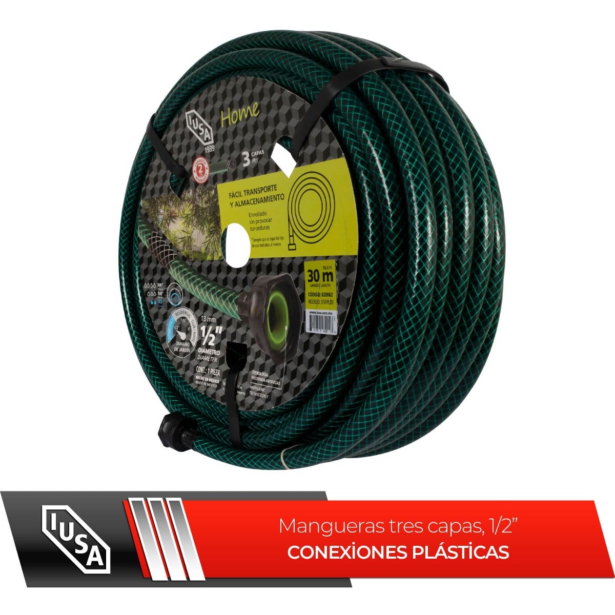 IUSA - Manguera 30 m IUSA, Home, Tricapa 1/2" con Conexiones Plásticas Planas