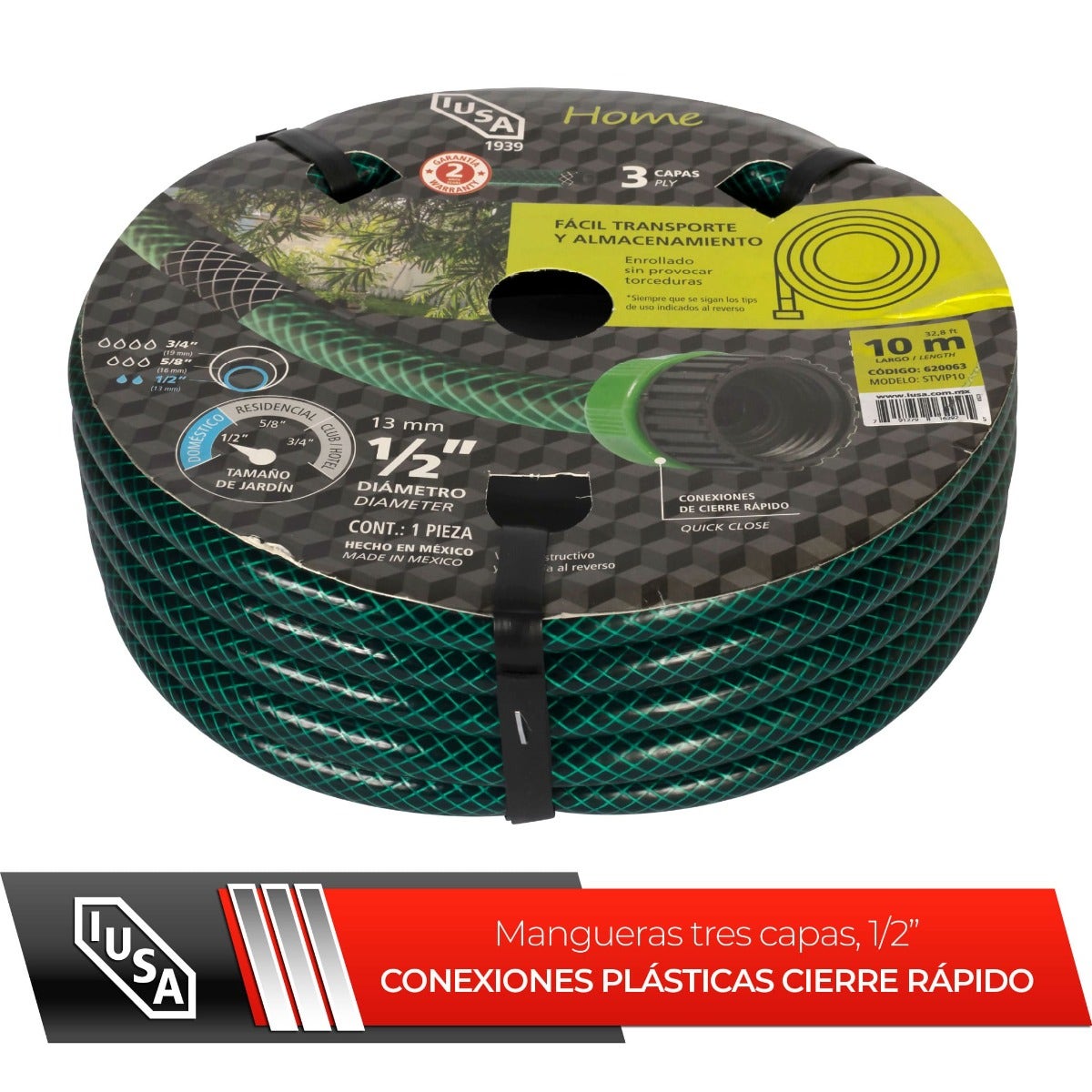 IUSA - Manguera IUSA 10 m, Home, Tricapa 1/2" con Conexiones Plásticas de Cierre rápido