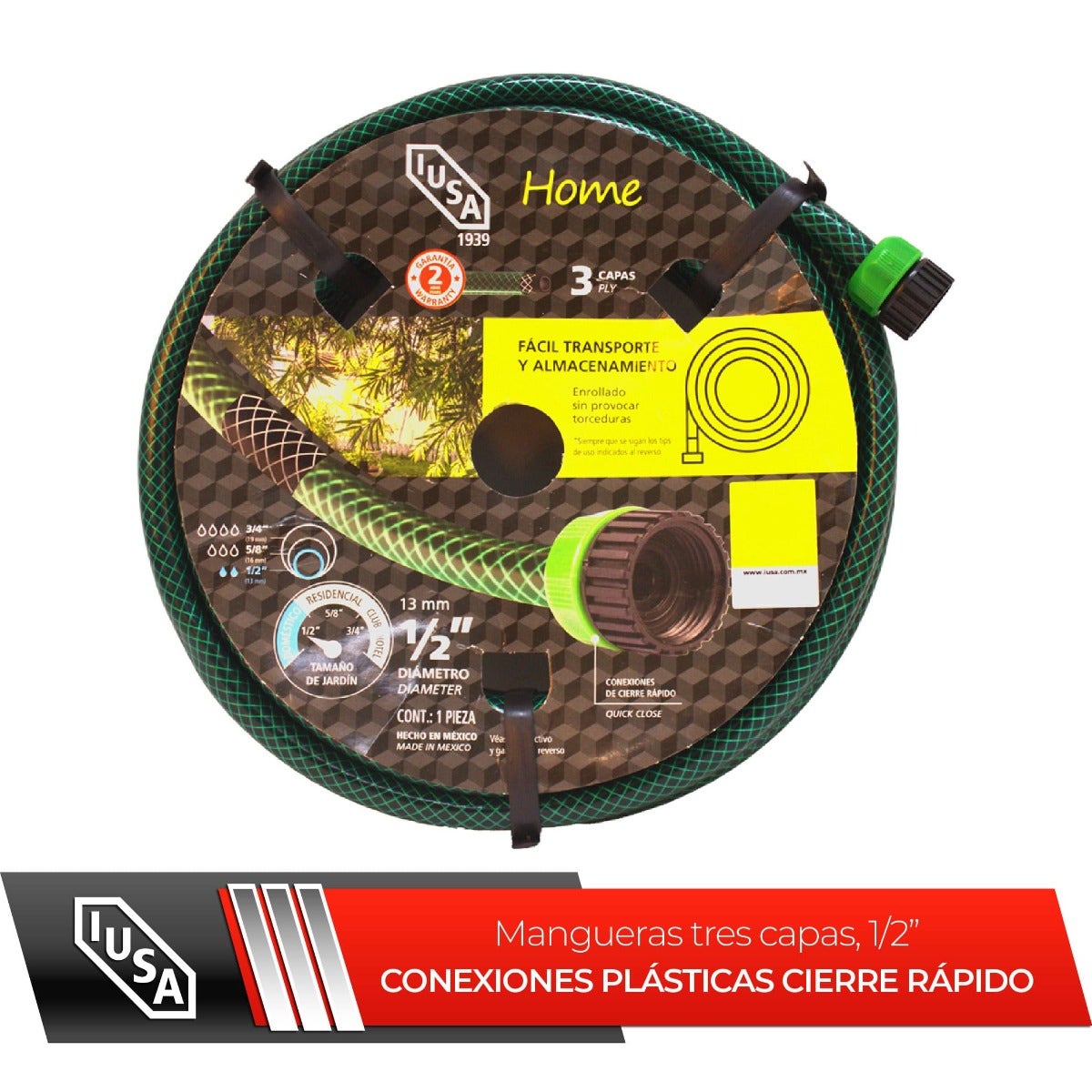 IUSA - Manguera IUSA 25 m, Home, Tricapa 1/2" con Conexiones Plásticas de Cierre rápido