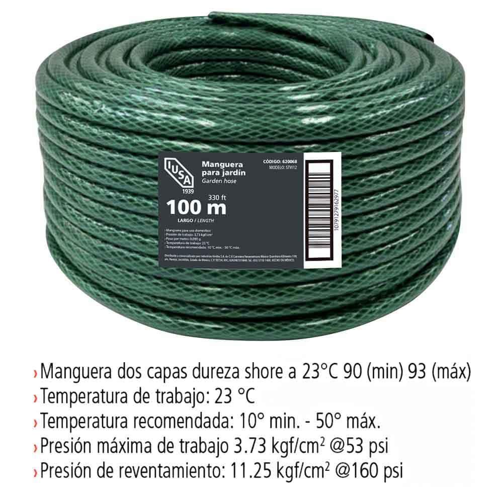 IUSA - Rollo de Manguera Flexible Tricapa, IUSA, 100 m de 1/2"