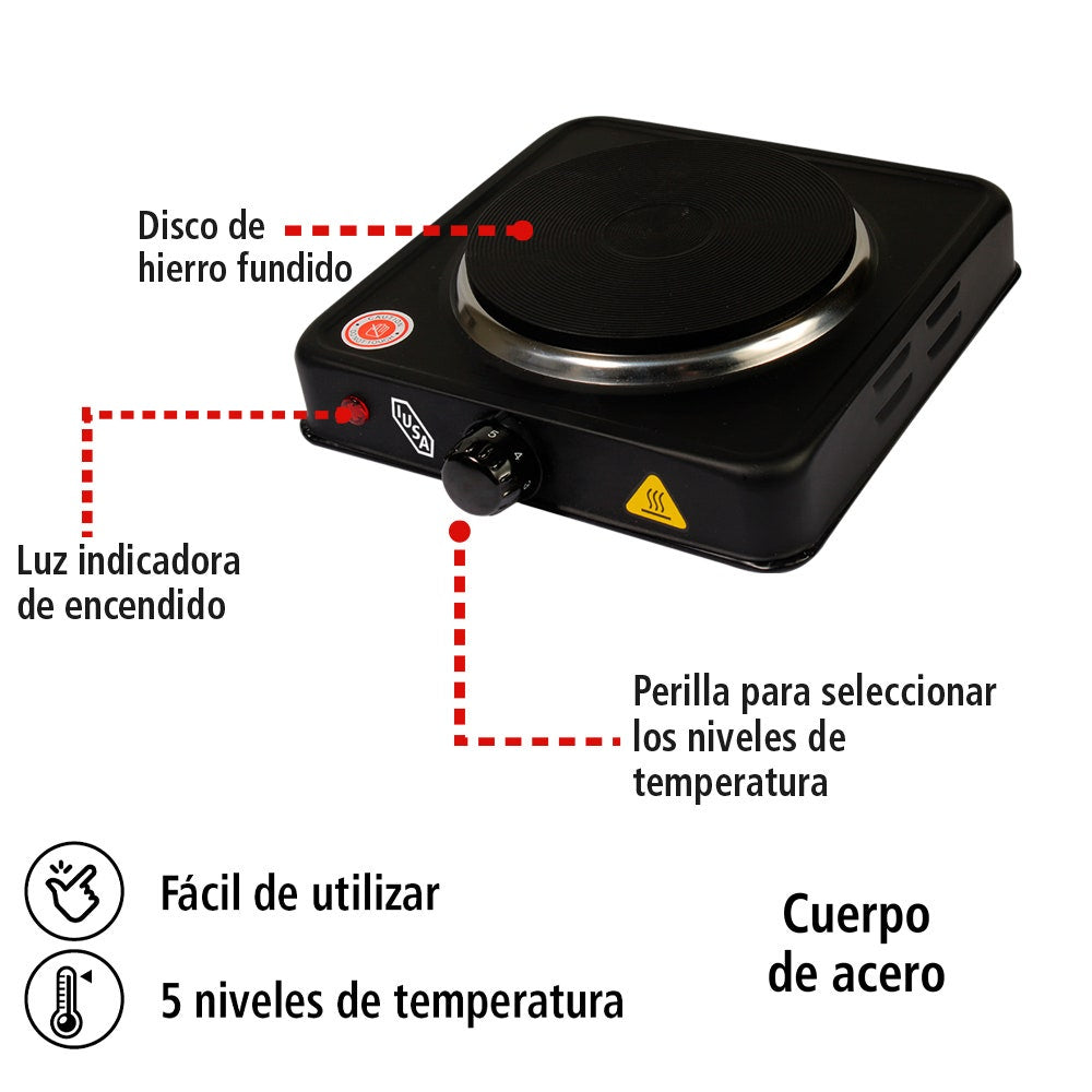 IUSA - Parrilla eléctrica IUSA, 1 quemador de disco, 1000 W, color negro