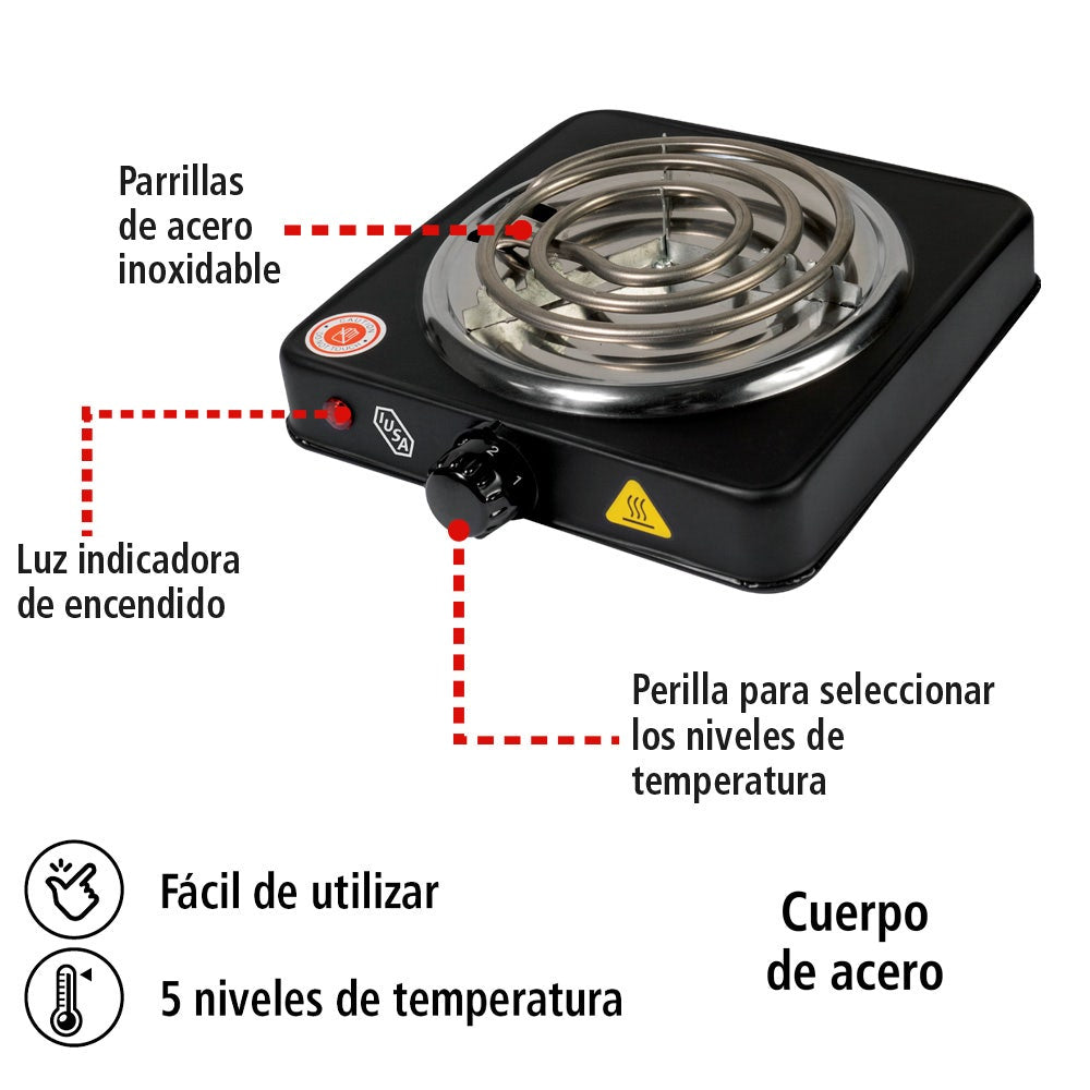 IUSA - Parrilla eléctrica iusa, 1 quemador de espiral, 1000 w, color negro
