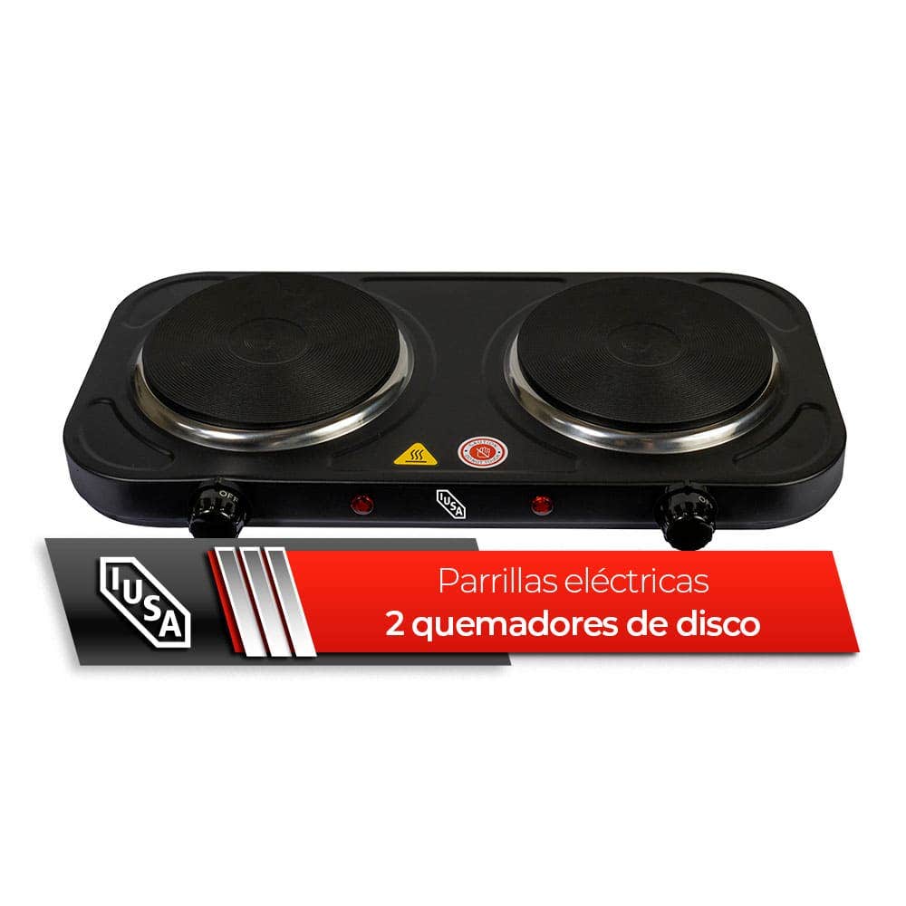IUSA - Parrilla eléctrica iusa, 2 quemadores de disco, 2000 w, color negro