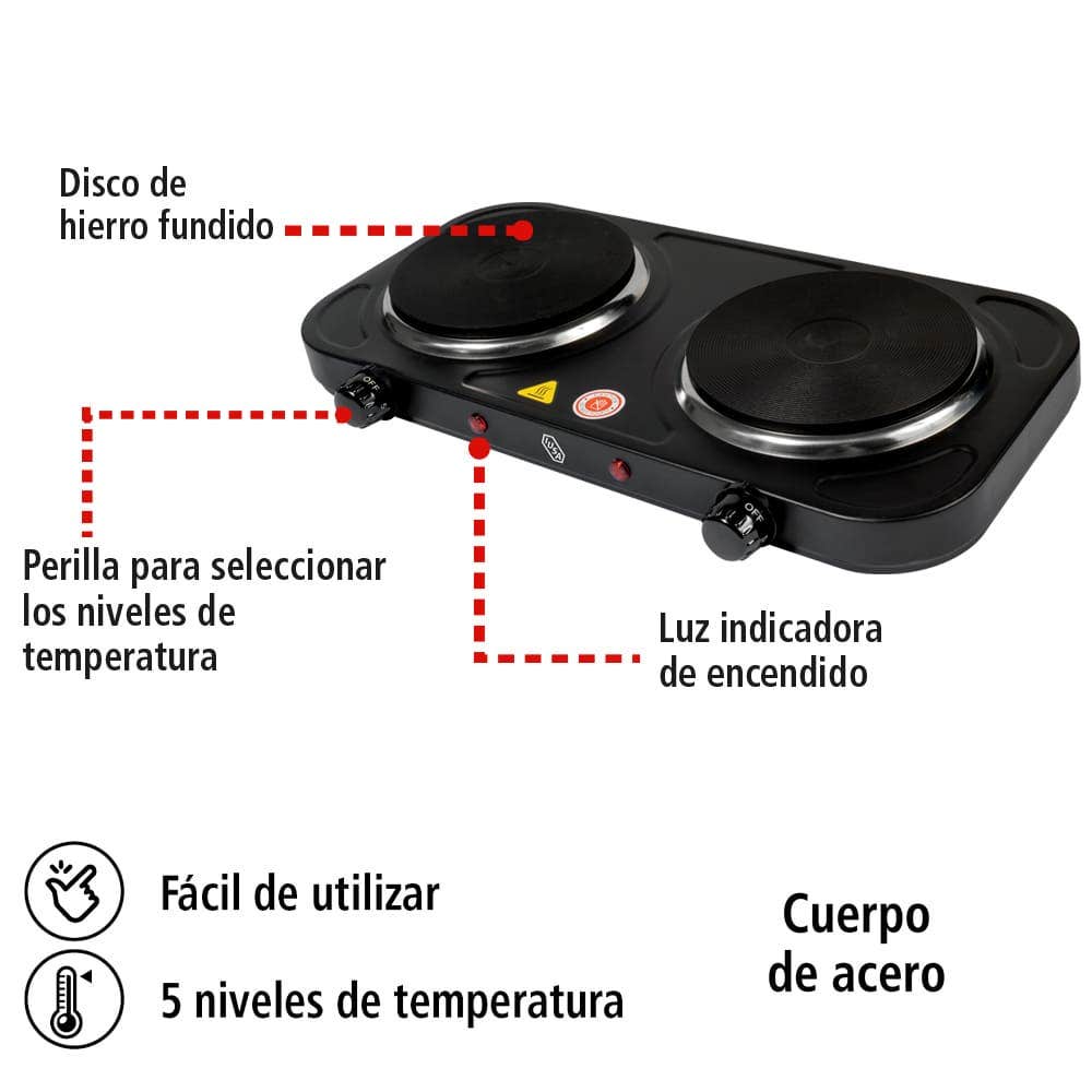 IUSA - Parrilla eléctrica iusa, 2 quemadores de disco, 2000 w, color negro