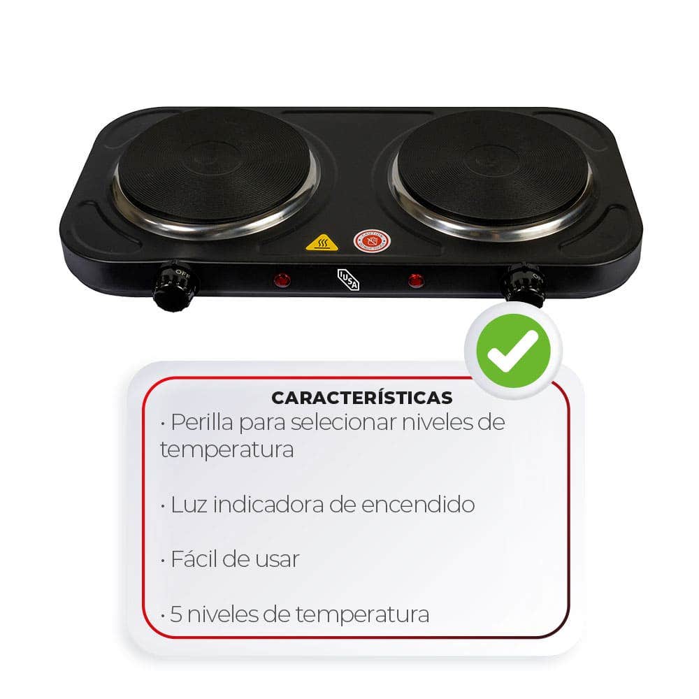 IUSA - Parrilla eléctrica iusa, 2 quemadores de disco, 2000 w, color negro
