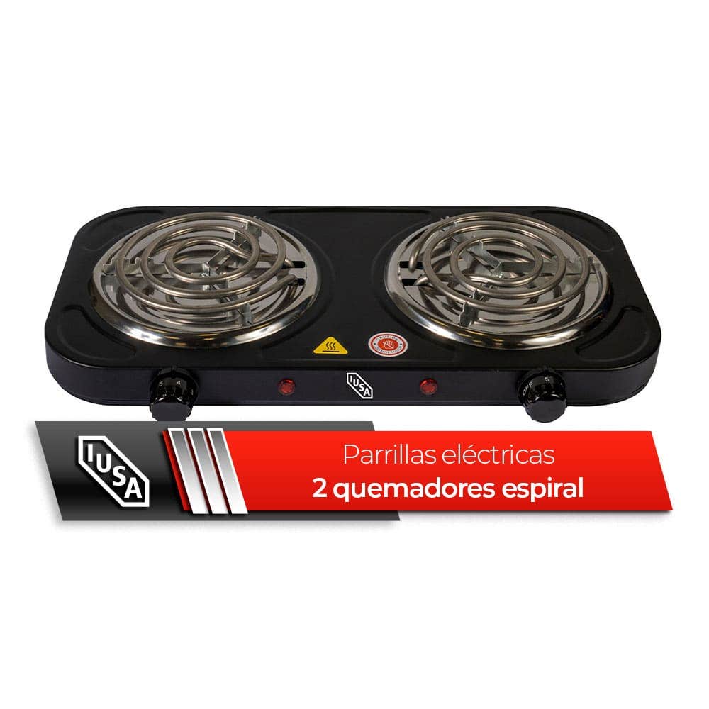 IUSA - Parrilla eléctrica iusa, 2 quemadores de espiral, 2000 w, color negro