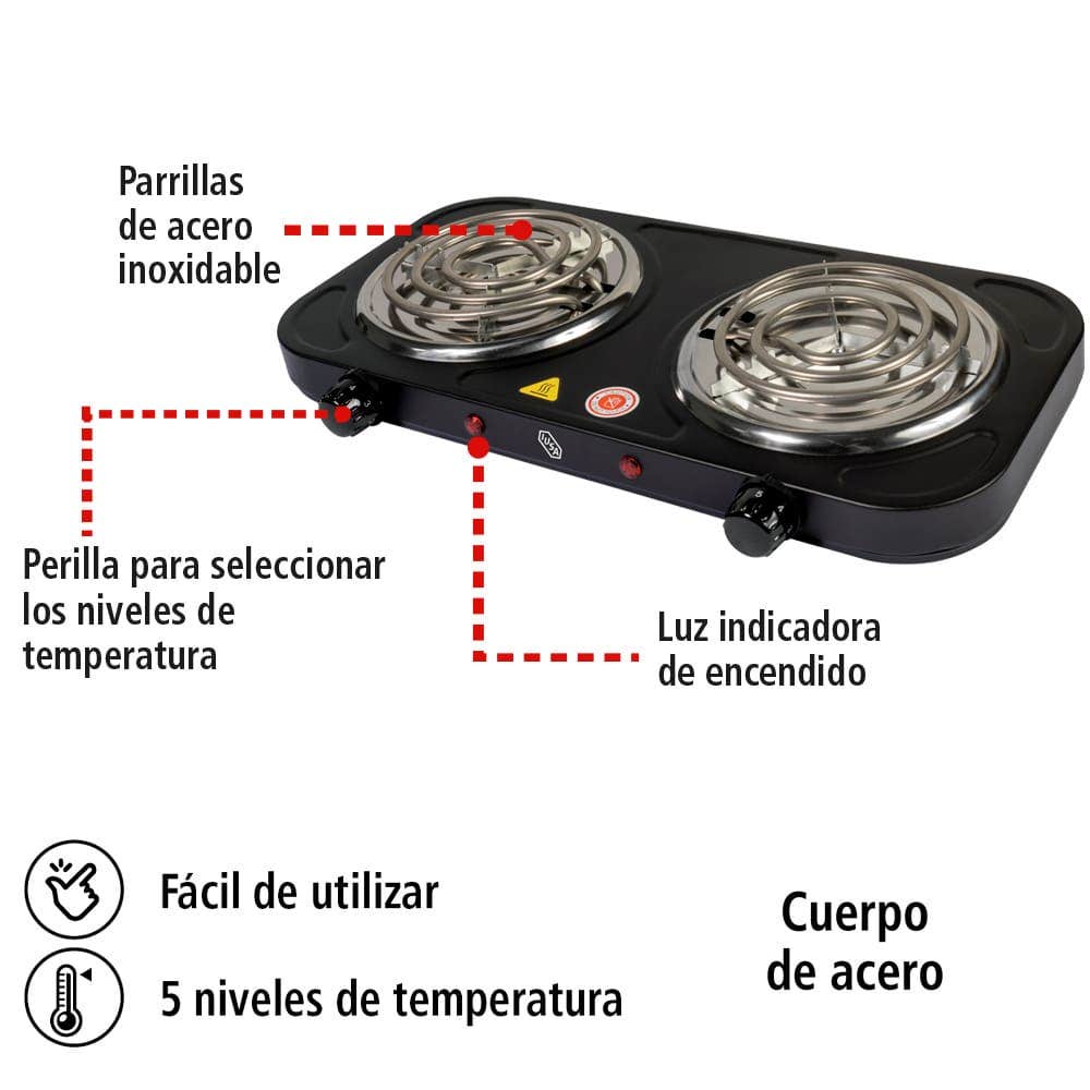 IUSA - Parrilla eléctrica iusa, 2 quemadores de espiral, 2000 w, color negro