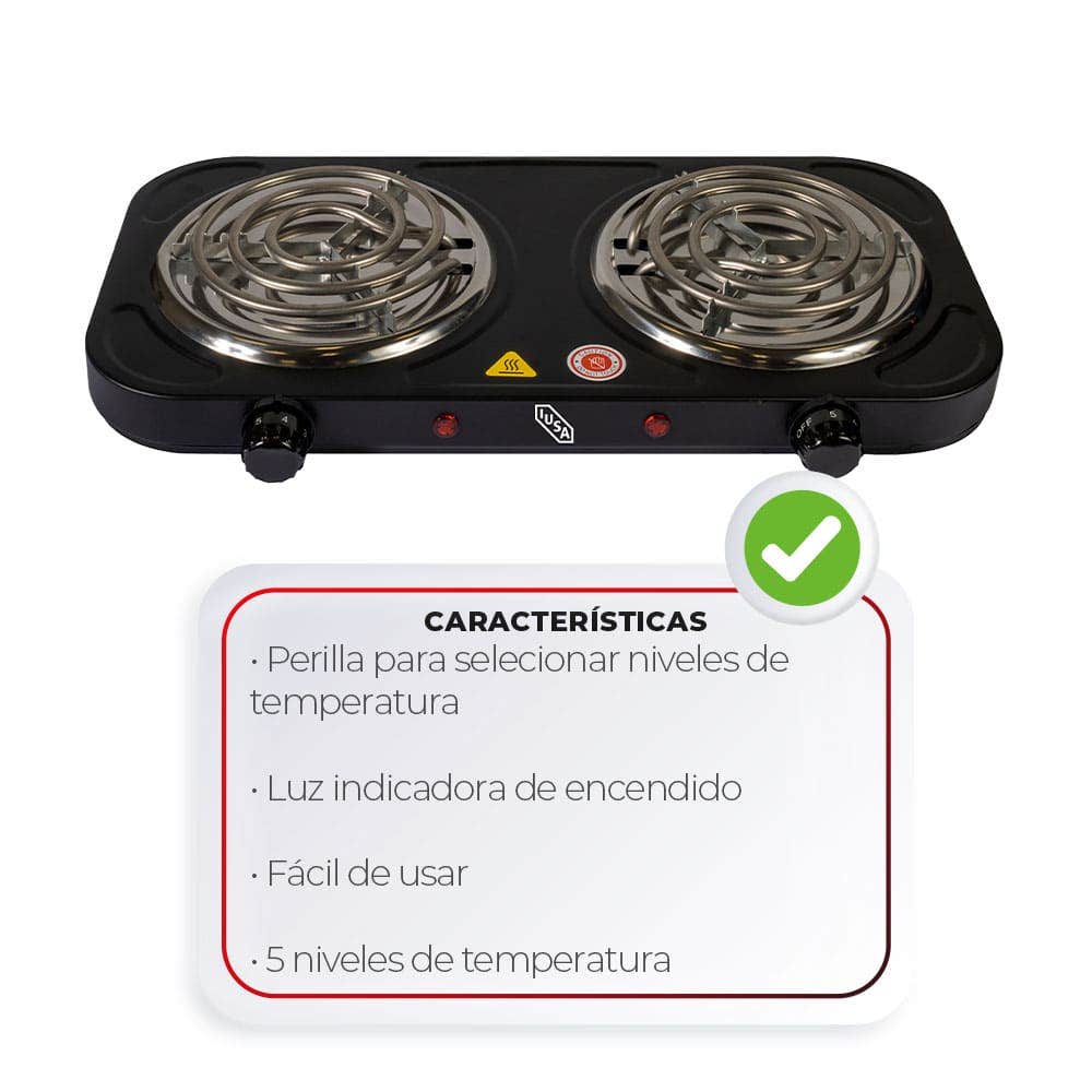 IUSA - Parrilla eléctrica iusa, 2 quemadores de espiral, 2000 w, color negro