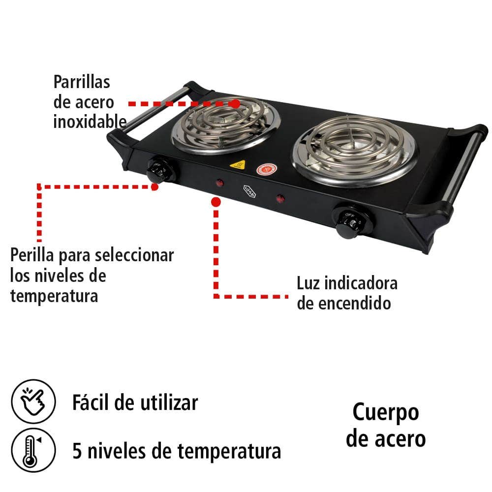 IUSA - Parrilla eléctrica iusa 2 quemadores espiral asa negra 2000w