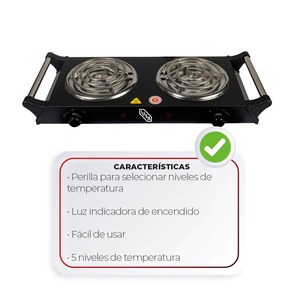 IUSA - Parrilla eléctrica iusa 2 quemadores espiral asa negra 2000w