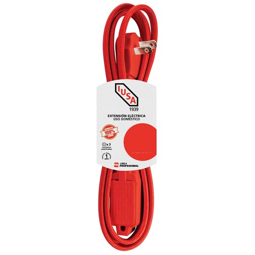 IUSA - Extensión Eléctrica Trenzada IUSA, Color Rojo, 16 AWG, 2 m