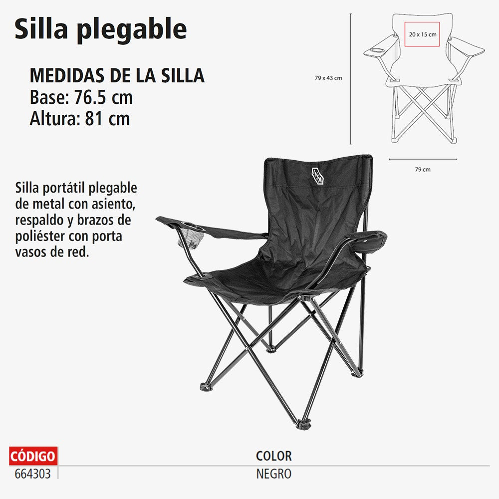 IUSA - Silla portátil plegable con portavasos color negro IUSA