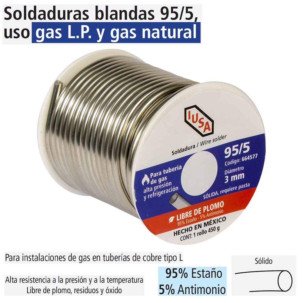IUSA - Soldadura blanda 95/5 para gas l.p y gas natural