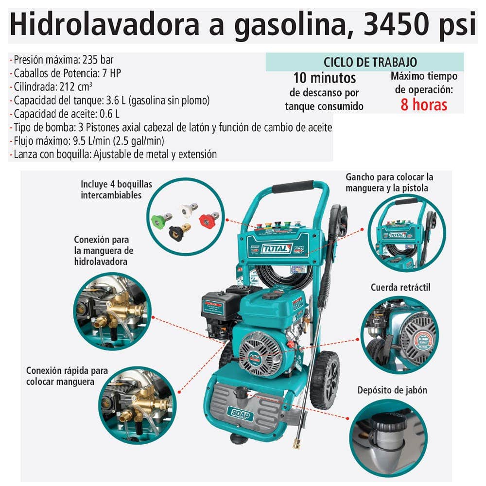 IUSA - Hidrolavadora a Gasolina, Total, IUSA, 7 HP, Motor de 4 Tiempos OHV, 212 CC