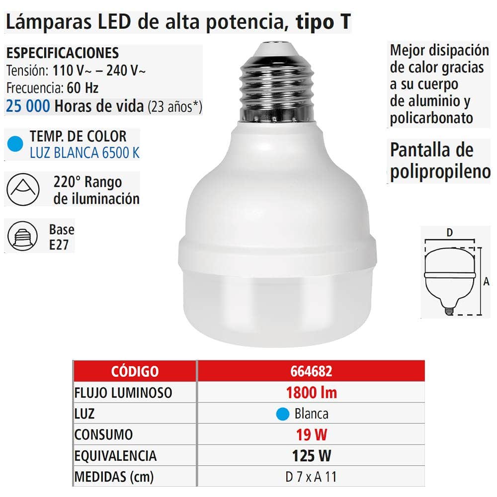 IUSA - Foco LED tipo T, 19W, luz blanca, IUSA