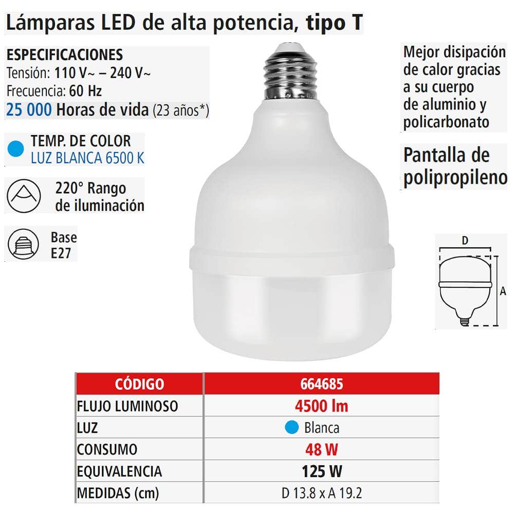 IUSA - Foco LED tipo T blanca, 48 W, 4500 lm, IUSA