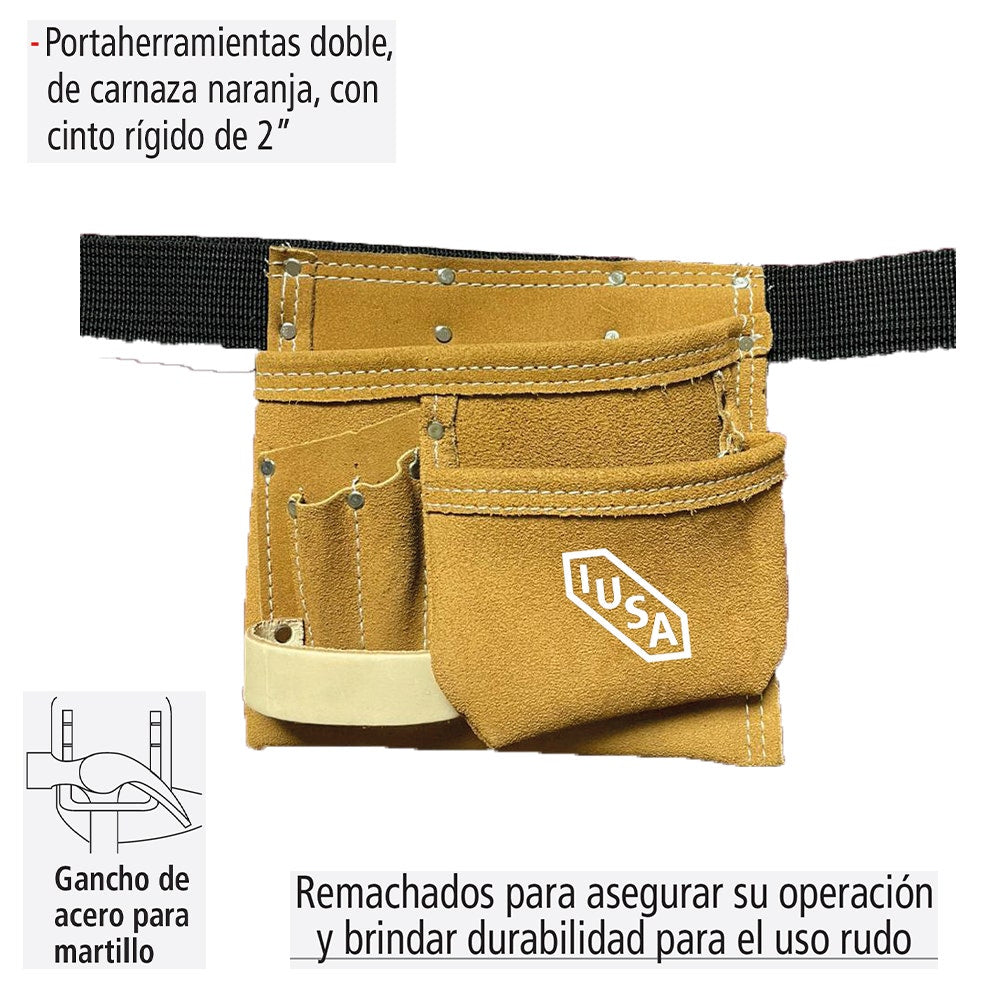 IUSA - Porta Herramientas Doble, Carnaza, Cinto Rígido, 5 Compartimentos, IUSA