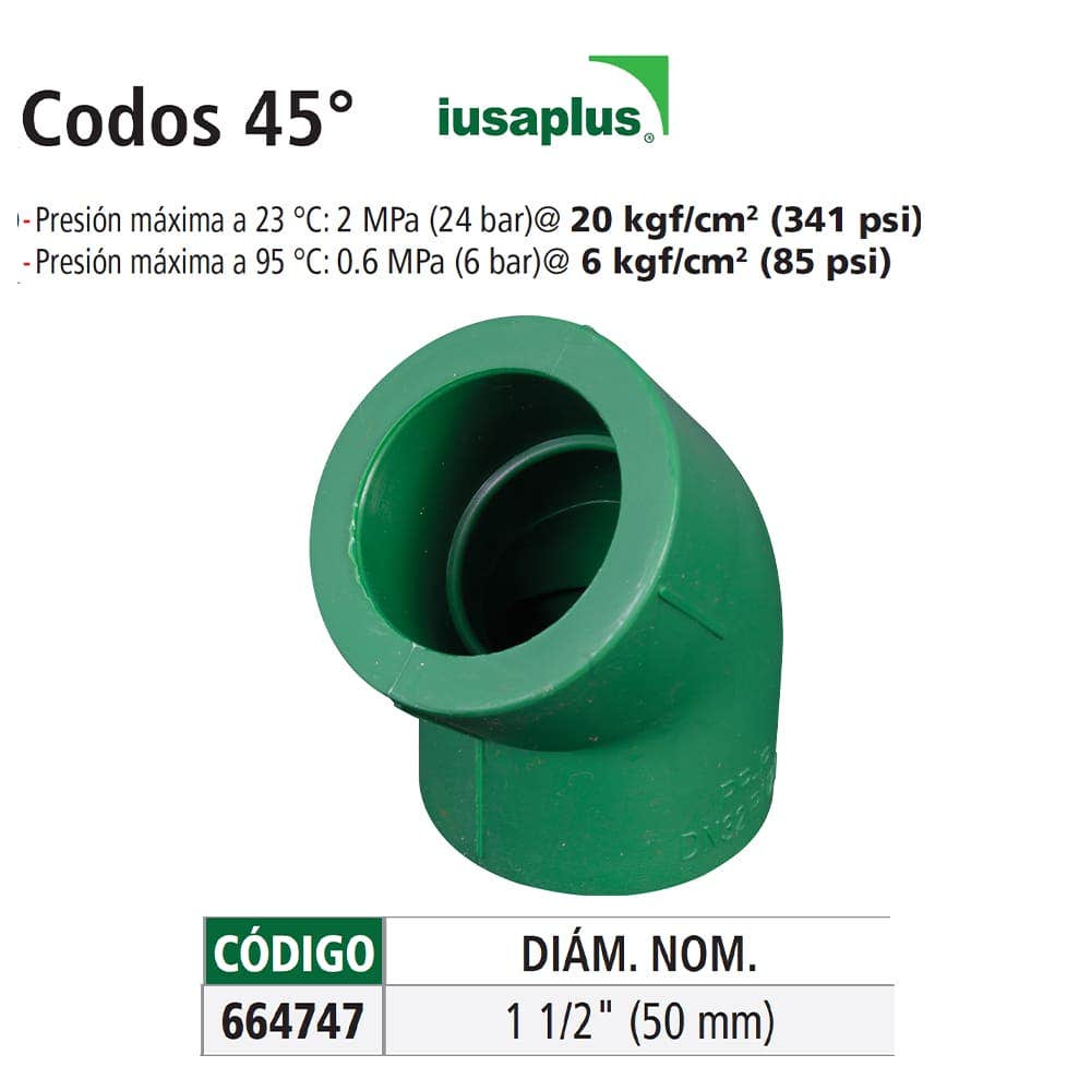 IUSA - Codo de ppr, 45º, iusaplus 50 mm