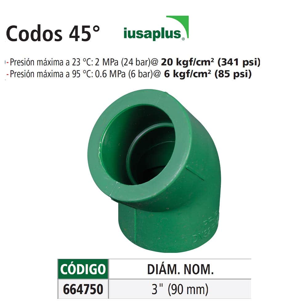 IUSA - Codo de ppr, 45º, iusaplus 90 mm