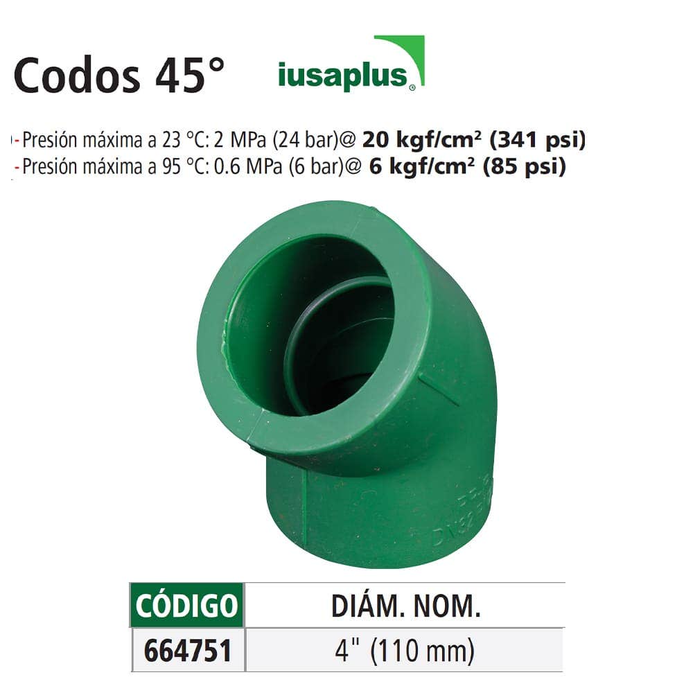 IUSA - Codo de ppr, 45º, iusaplus 110 mm