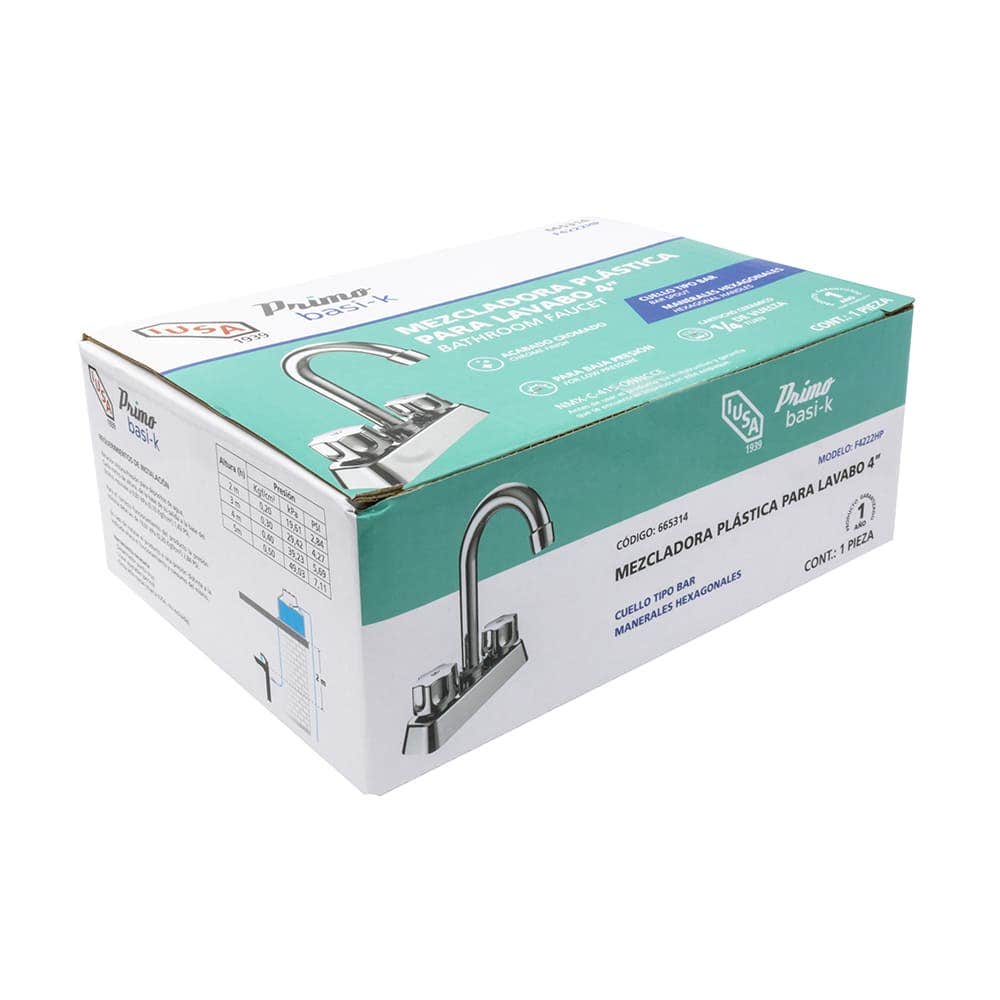 IUSA - Mezcladora ABS para Lavabo, Cuello Tipo Bar, Manerales Hexagonales, Primo Basi-k, IUSA