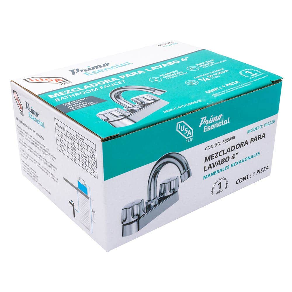 IUSA - Mezcladora de 4” para Lavabo con Manerales Hexagonales, Primo Esencial, IUSA