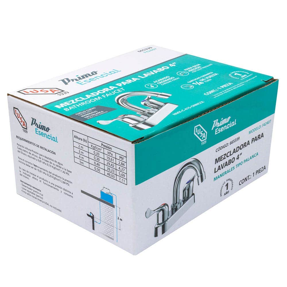 IUSA - Mezcladora de 4” para Lavabo con Manerales de Palanca, Primo Esencial, IUSA