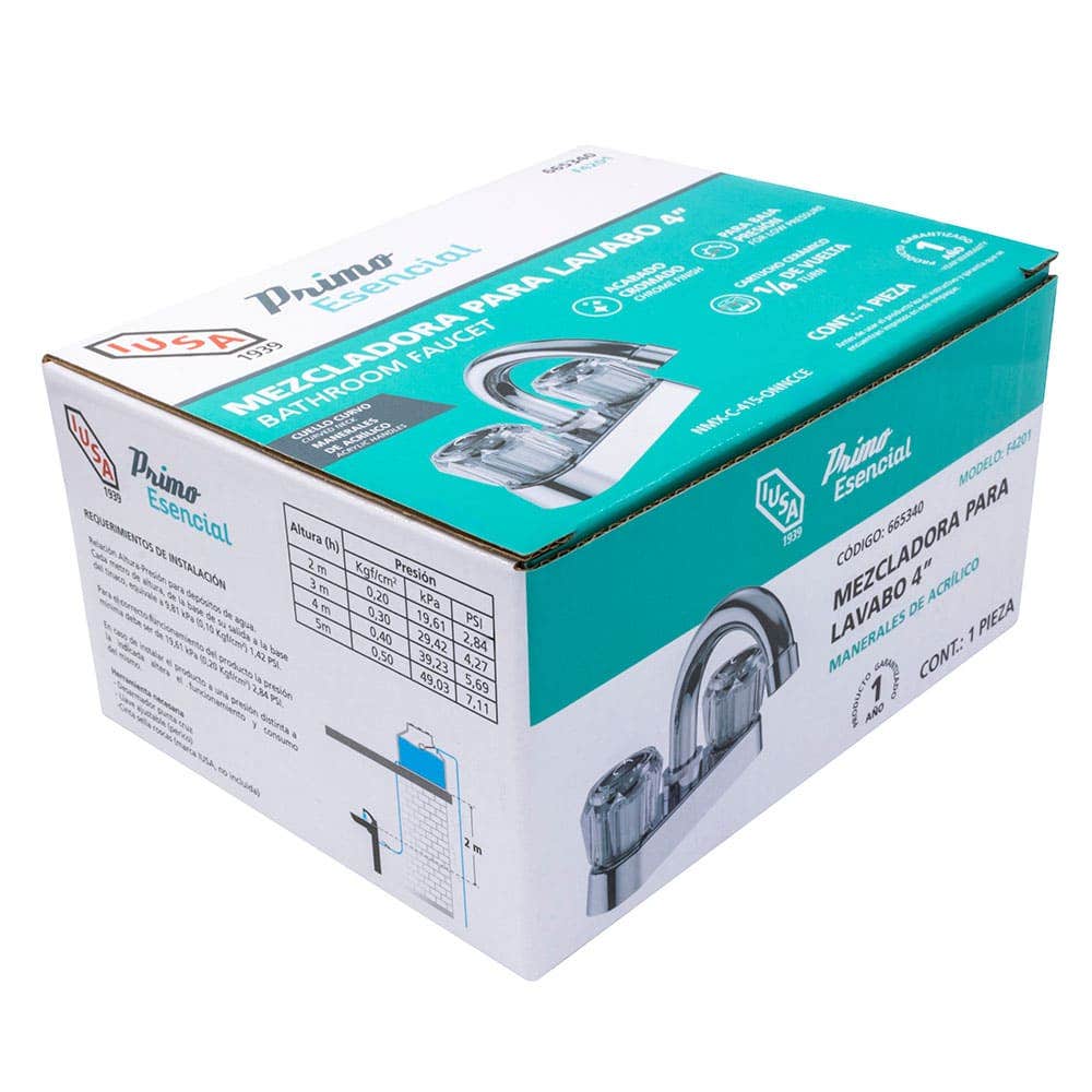 IUSA - Mezcladora de 4” para Lavabo con Manerales de Acrílico, Primo Esencial, IUSA