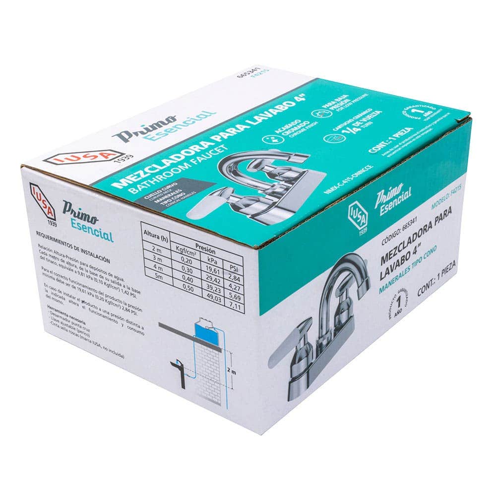 IUSA - Mezcladora de 4” para Lavabo con Manerales Tipo Cono, Primo Esencial, IUSA